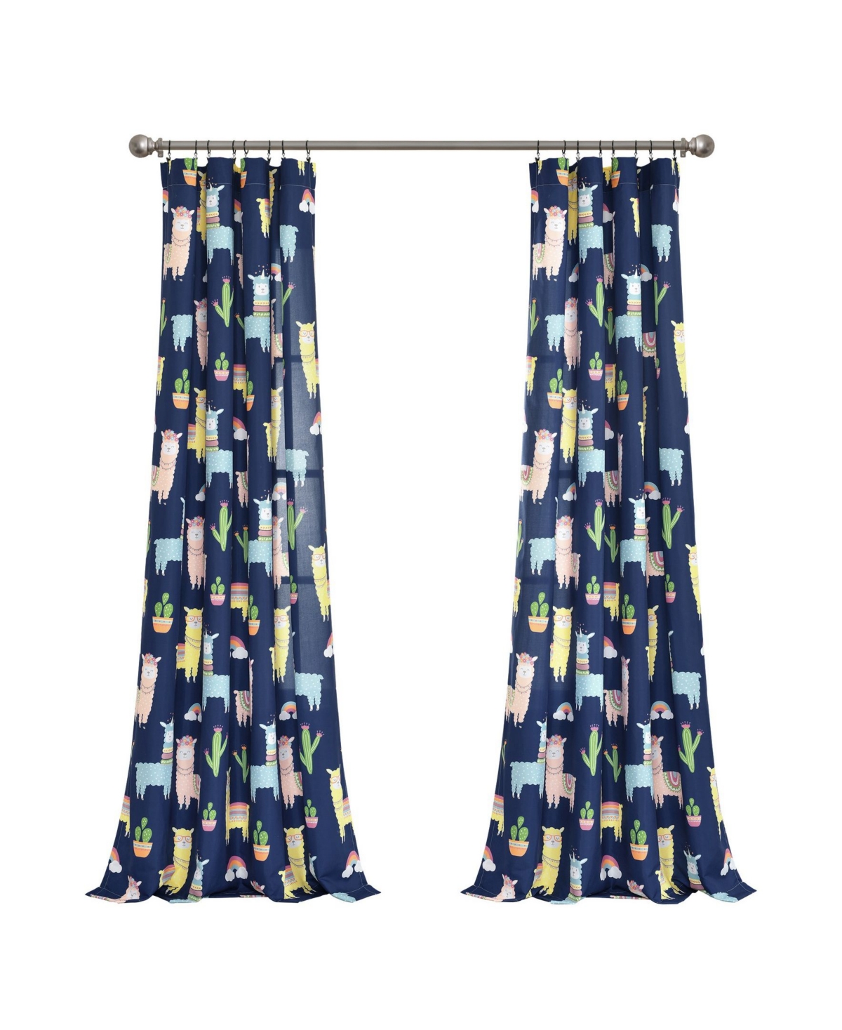 Lush Decor Southwest Llama Cactus Window Curtain Panels Set For Kids, 84" X 52" In Navy,yellow