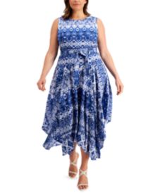 Plus Size Printed Handkerchief-Hem Belted Dress