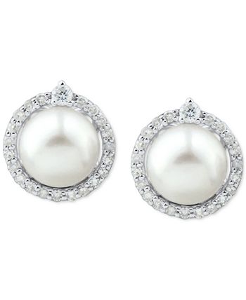 Honora - Cultured Freshwater Pearl (6mm) & Diamond (1/6 ct. t.w.) Halo Stud Earrings in 14k White Gold
