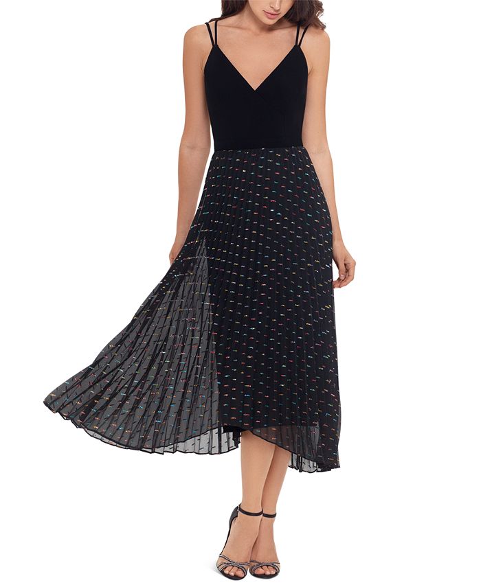 XSCAPE FoilDot Pleated Midi Dress Macy's