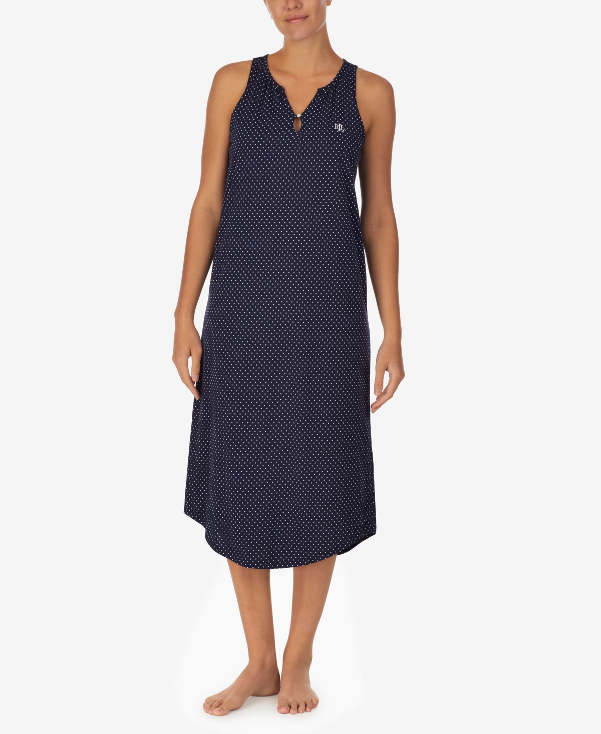 Shop Lauren Ralph Lauren Women's Gown With Shelf Bra Lining In Navy,white Pin Dot