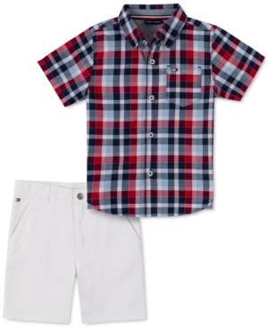 Tommy Hilfiger Kids' Baby Boys 2-pc. Short-sleeve Plaid Button-up Shirt & Twill Shorts Set In White