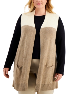 Karen Scott Plus Size Colorblocked Duster Vest, Created For Macy's In Oatmeal Combo