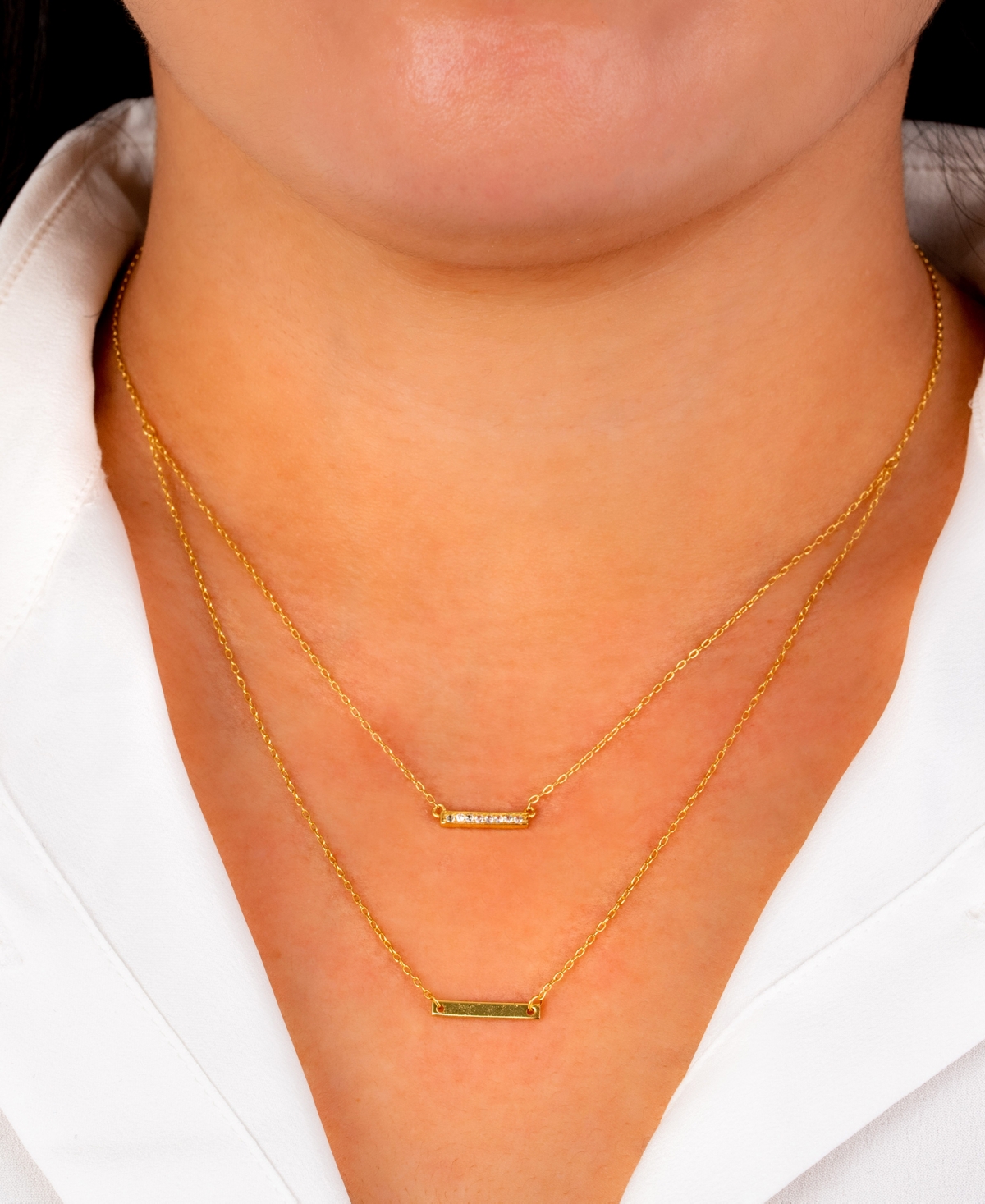 Double Layered + Cubic Zirconia Double Bars Chain Necklace Over Sterling Silver - Gold