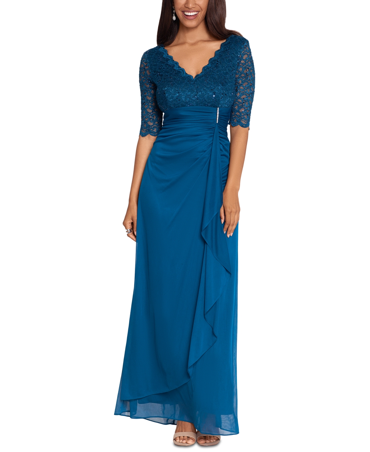 Betsy & Adam Petite V-Neck Lace-Bodice Gown - Peacock