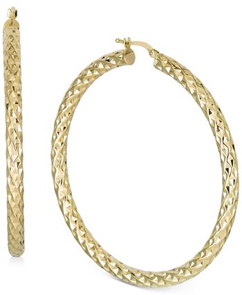 Italian Gold - Textured Medium Hoop Earrings in 14k Gold-Plated Sterling Silver, 2"