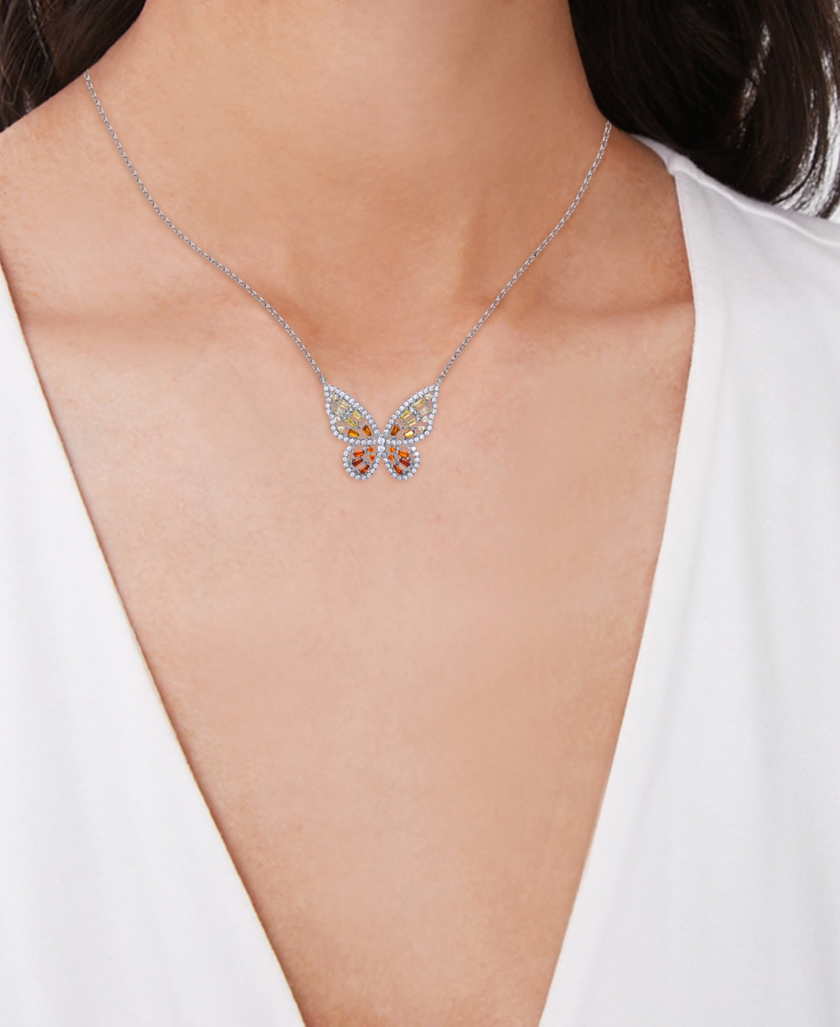 Cubic ZirconiaOmbre Butterfly Pendant Necklace in Silver Plate, Gold or Rose Gold Plate - Red