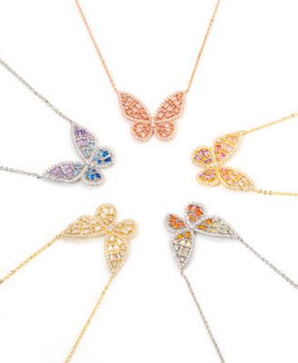 Cubic Zirconia Red Ombre Butterfly Pendant 18" Necklace in Silver Plate, Gold or Rose Gold Plate