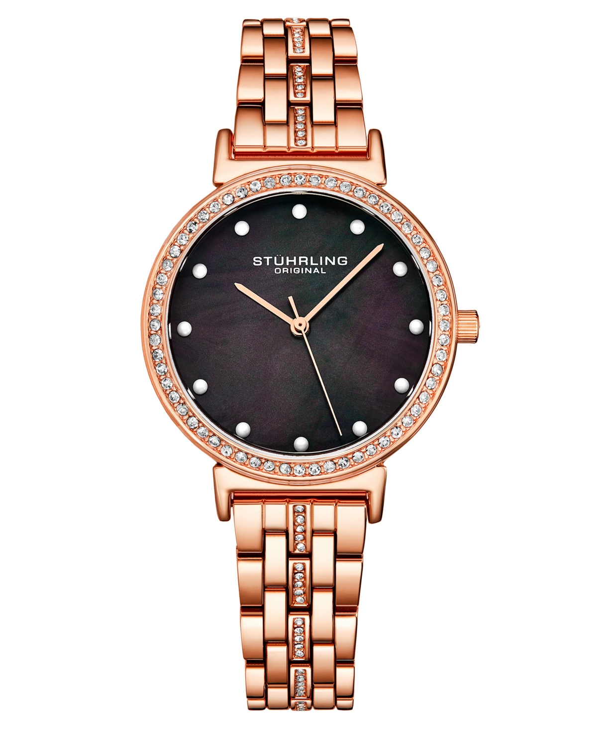 Women's Rose Gold-Tone Link Bracelet with Crystals Studded Strip Watch 33mm - Black