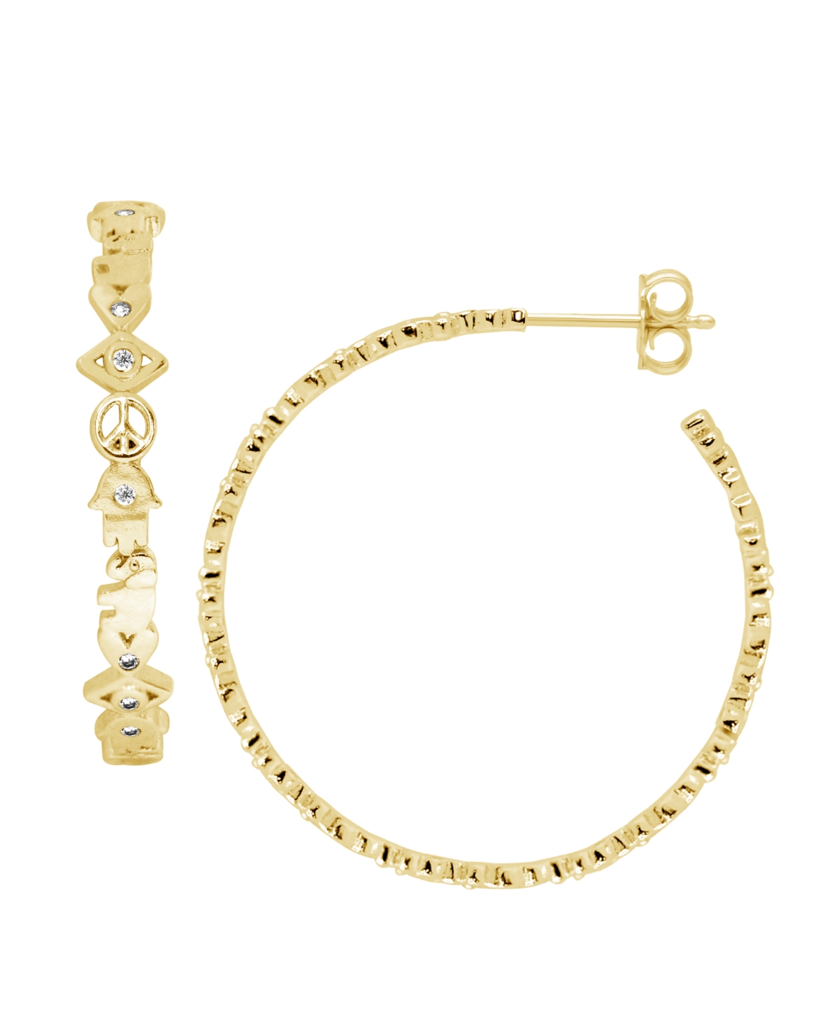 Good Luck Symbols C Hoop Earring with Cubic Zirconia Accents Gold Plated - Gold