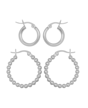 Essentials 2-pc. Set Polished Small Hoop & Beaded Hoop Earrings In Gold-plate Or Silver Plate