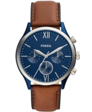 Fossil Men's Fenmore Multifunction Blue Leather Watch 44mm In Brown