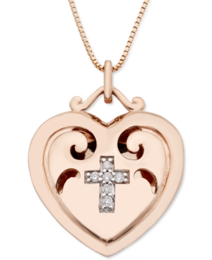 Macy's Diamond Accent Cross Heart Locket 18" Pendant Necklace In 10k Rose Gold