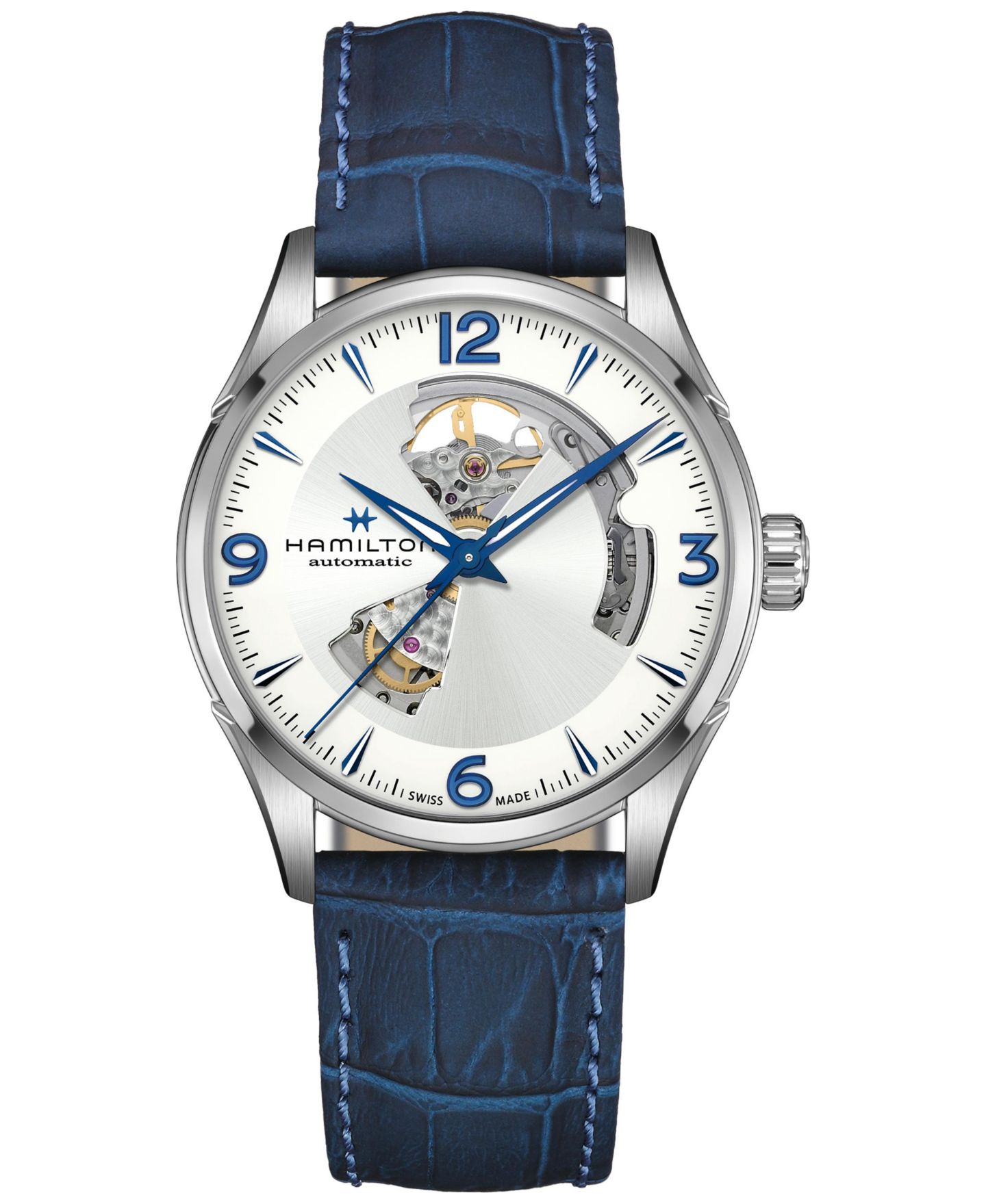Мужские часы Hamilton Swiss Automatic Jazzmaster Open Heart Blue Leather Strap Watch 42mm — фото 1