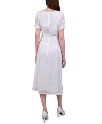 Petite Short Sleeve Belted Swiss Dot Dress