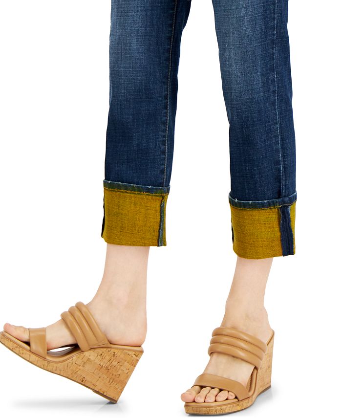 INC International Concepts High Rise Contrast Cuff Straight Leg Jeans