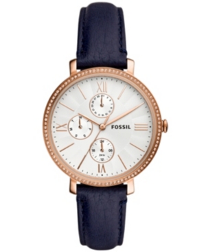 Fossil Women's Jaqueline Rose Gold Tone Multifunction Movement, Navy Leather Watch 38mm In Blue