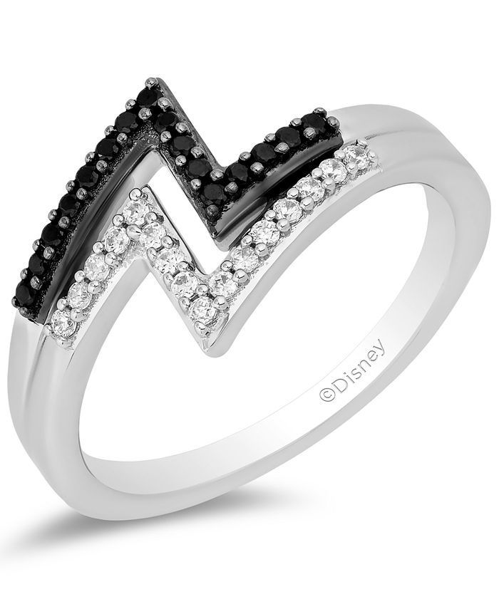 Enchanted Disney Fine Jewelry - Black Diamond (1/8 ct. t.w.) & White Diamond (1/8 ct. t.w.) Cruella Double Lightening Bolt Ring in Sterling Silver & Black Rhodium-Plate