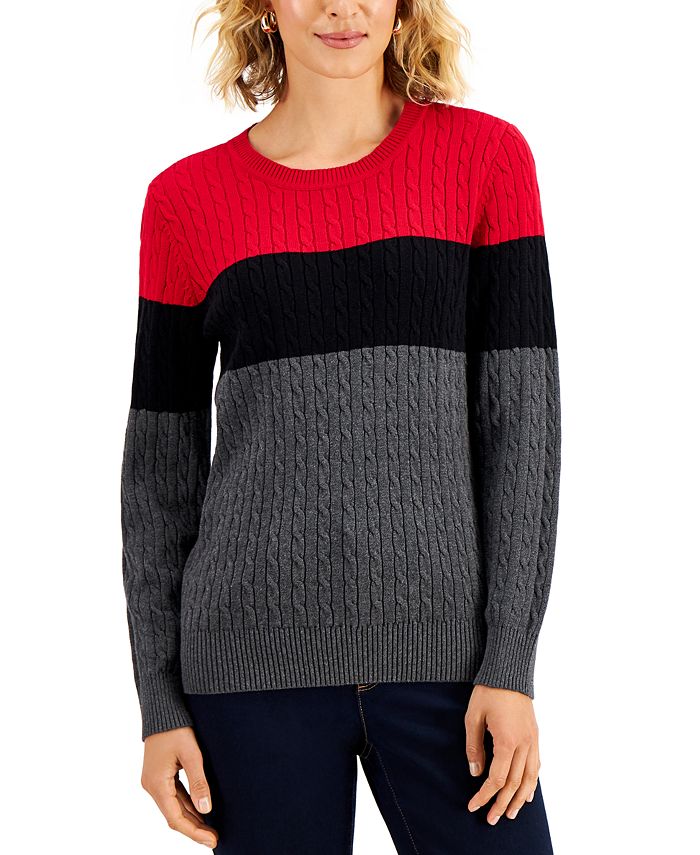 Karen Scott Petite Elena Cotton Colorblocked Cable-Knit Sweater ...