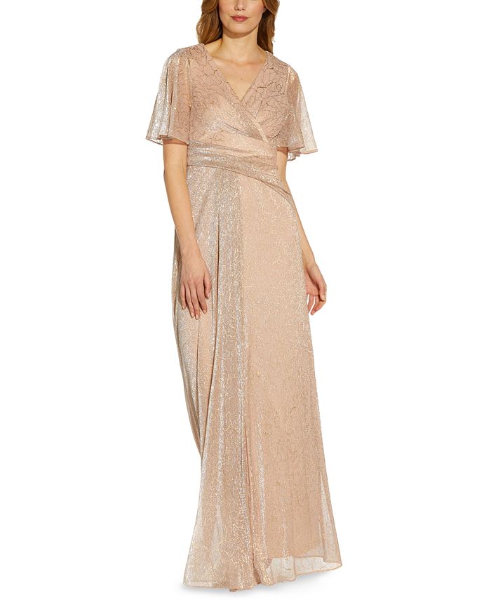 adrianna papell pleated metallic gown