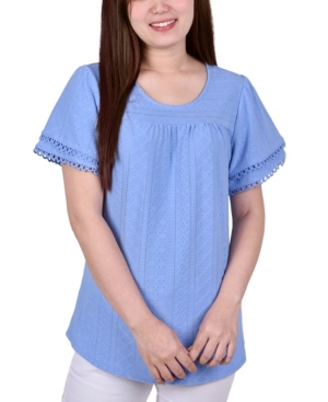 NY COLLECTION PETITE SHORT DOUBLE SLEEVE KNIT EYELET TOP