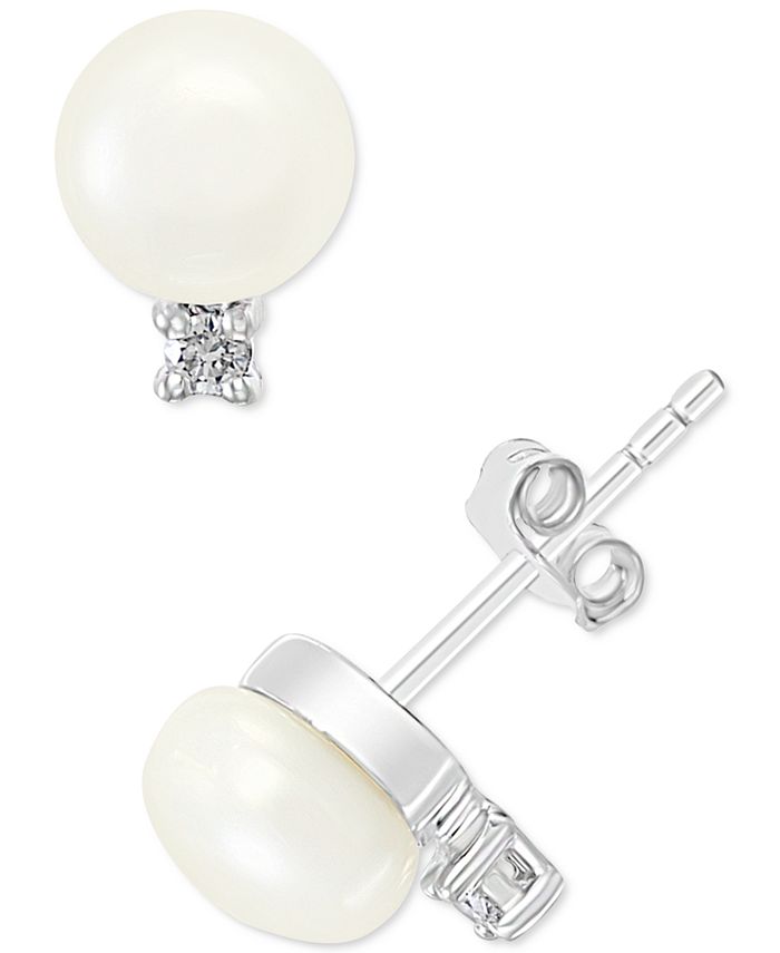 EFFY Collection - Cultured Freshwater Pearl (7 mm) & Diamond (1/10 ct. t.w.) Stud Earrings in Sterling Silver