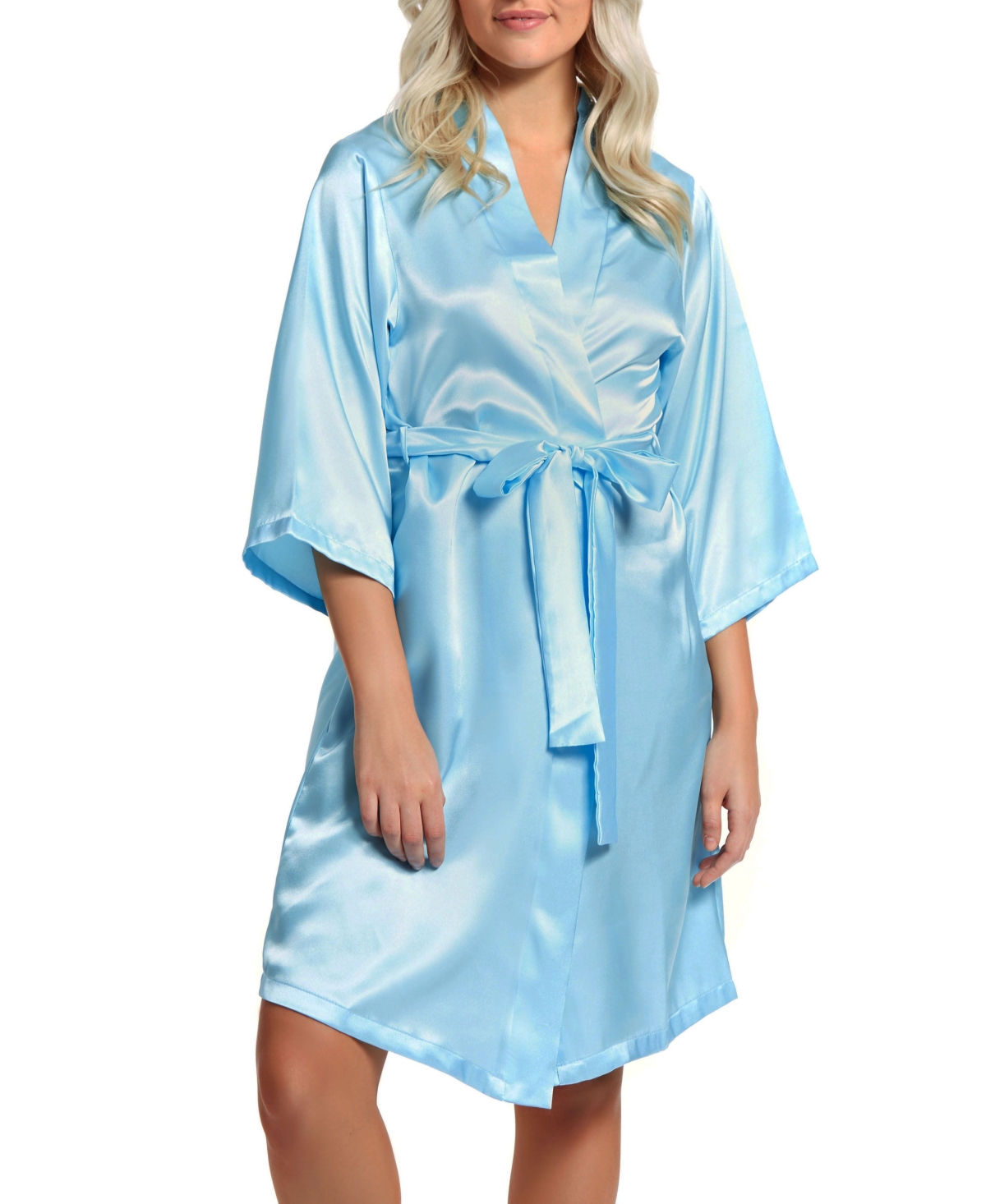 iCollection Women's Marina Lux 3/4 Sleeve Satin Lingerie Robe - Light-Blue