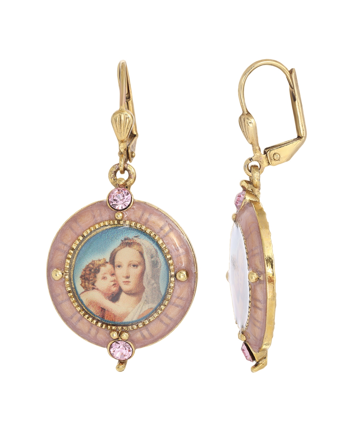 14K Gold-Dipped Crystal Enamel Mary and Child Decal Image Earrings - Pink