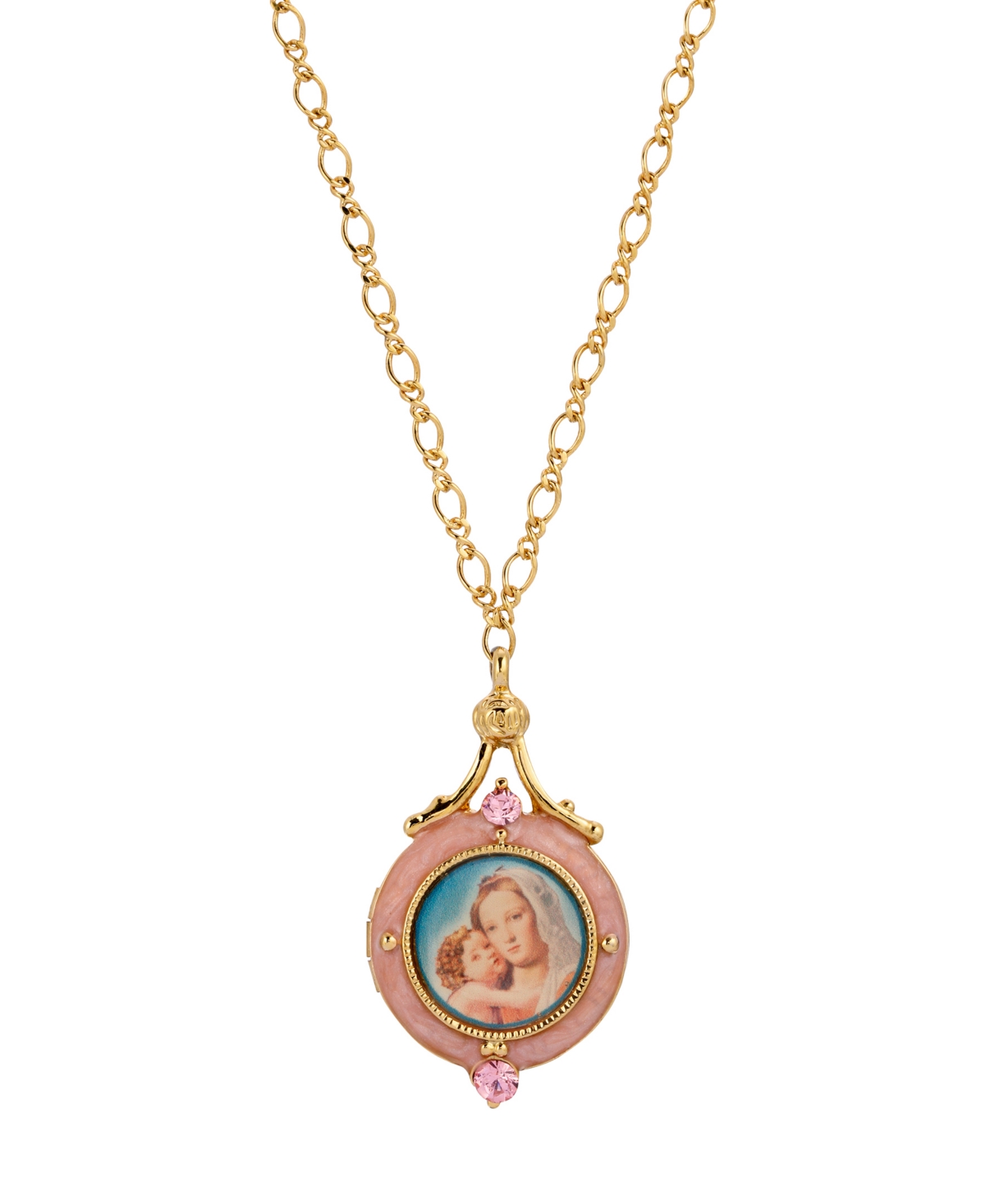 14K Gold-Dipped Pink Enamel Mary and Child Image Locket Necklace - Pink