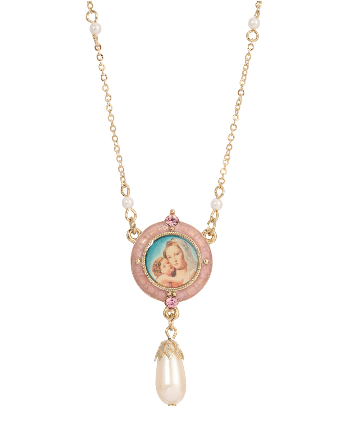 14K Gold-Dipped Pink Simulated Pearl Drop Pendant Mary and Child Necklace - Pink
