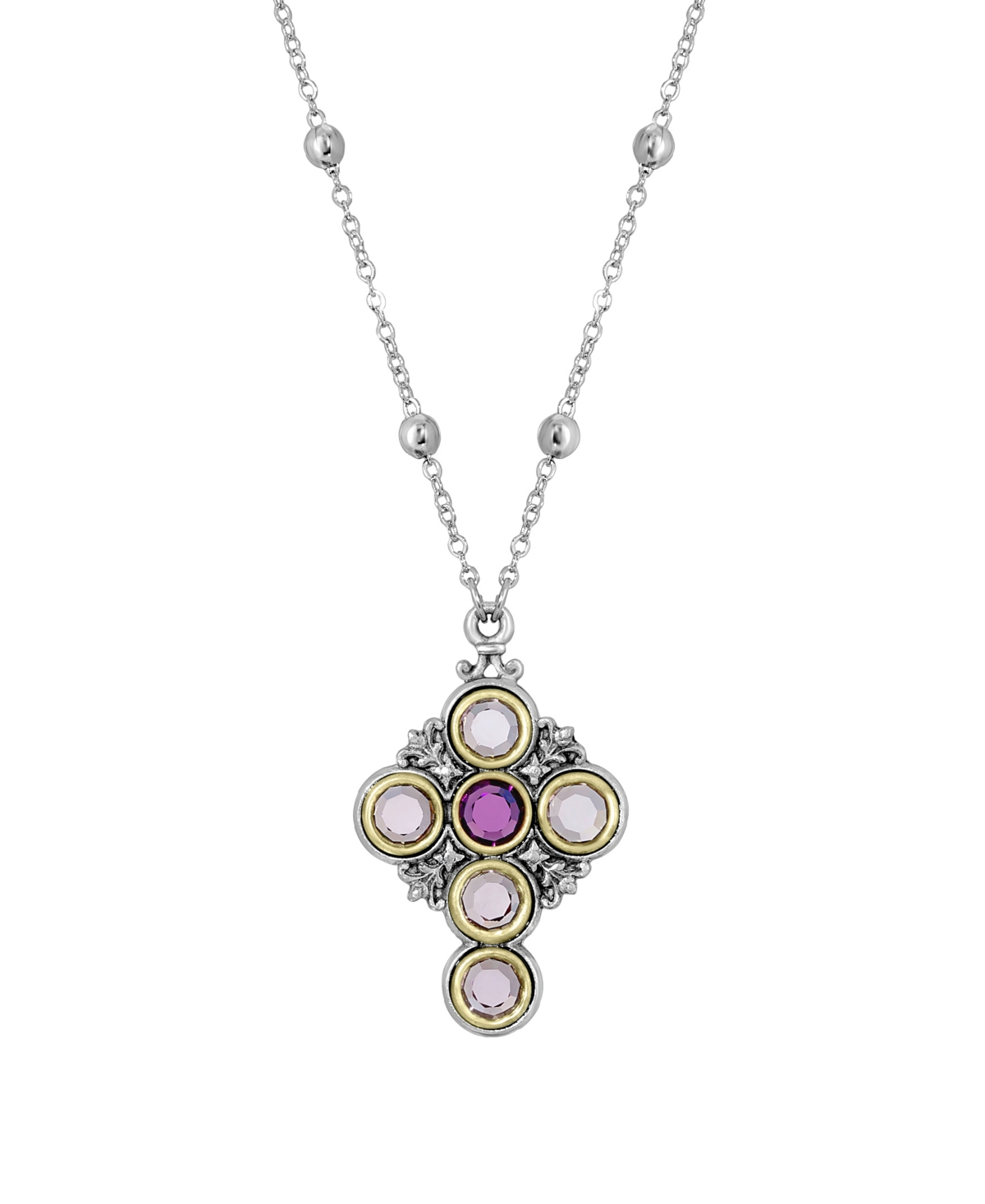 Pewter Cross Round Crystals Necklace - Purple