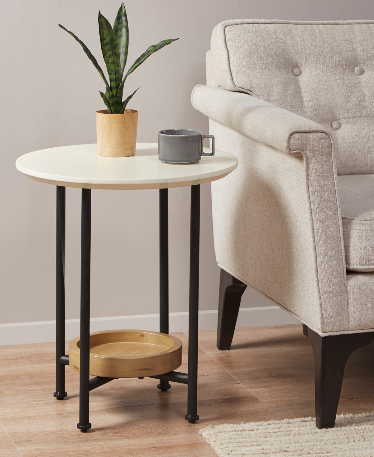 MADISON PARK BEAUMONT MODERN 20" ROUND LOWER SHELF STORAGE END TABLE WITH METAL LEGS 
