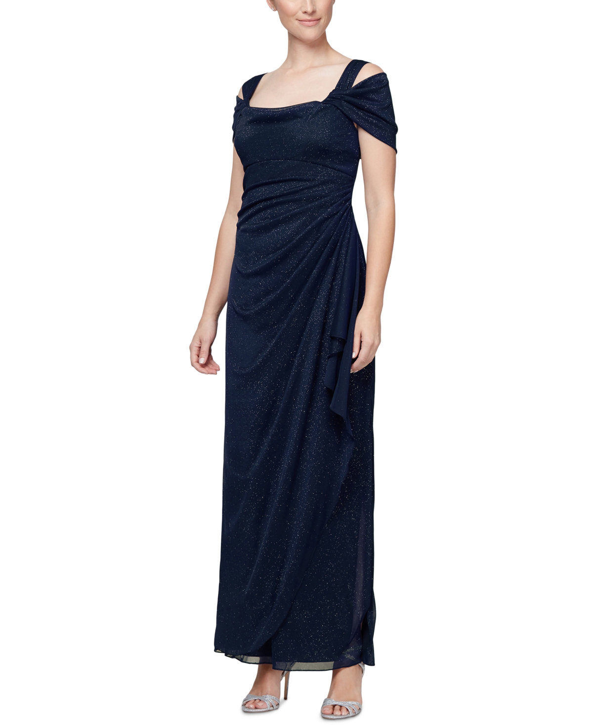Shop Alex Evenings Cold-shoulder Draped Metallic Gown In Navy Blue