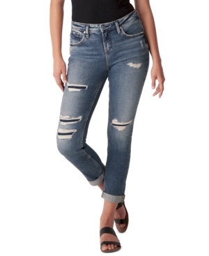 Silver Jeans Co. . Beau Ripped High Waist Cuff Girlfriend Fit Jeans In Indigo