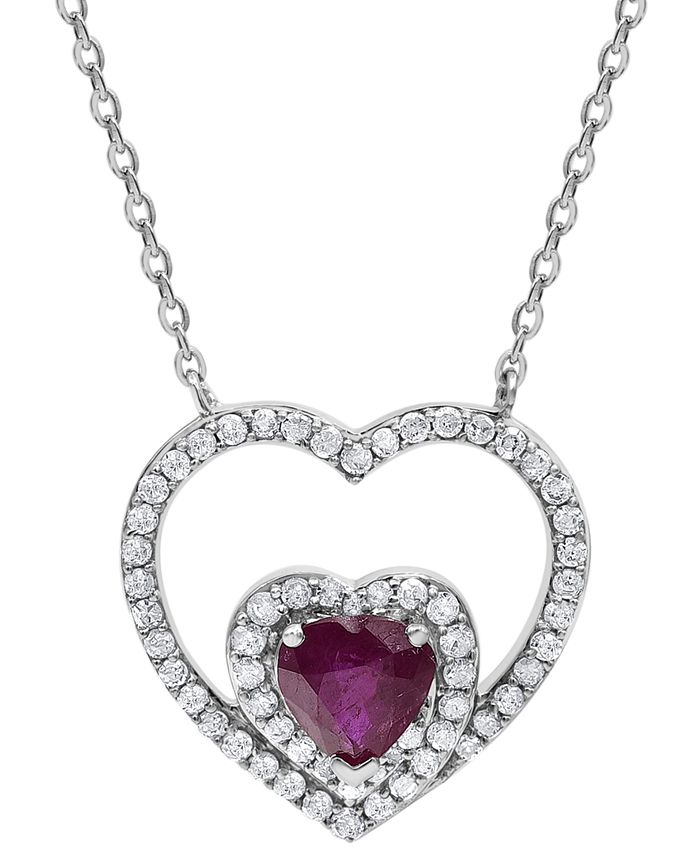 Macy's - xRuby (5/8 ct. t.w.) & Diamond (1/4 ct. t.w.) Heart 18"  Pendant Necklace in 14k White Gold