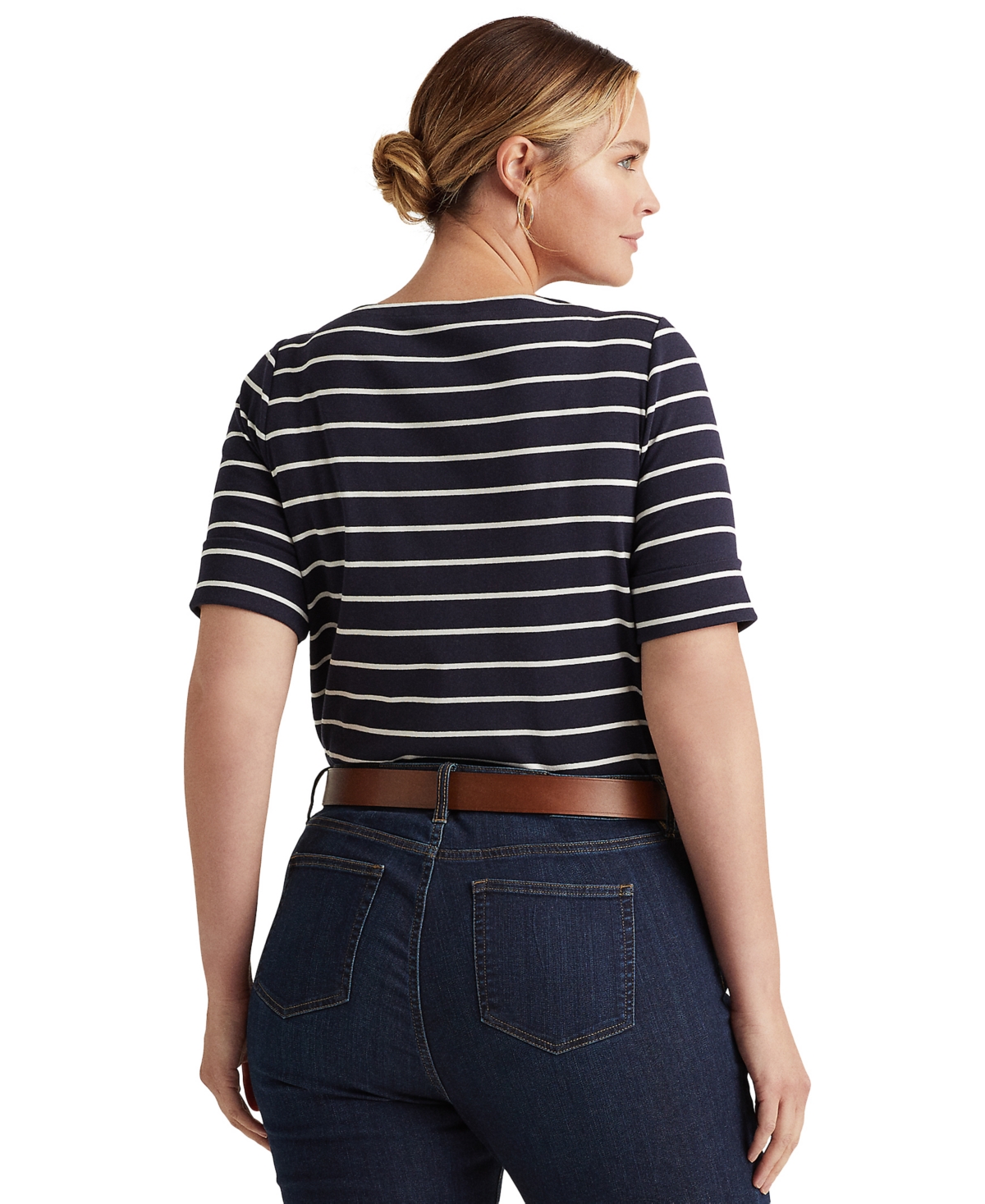 Lauren Ralph Lauren Plus Size Striped Cotton Boatneck T-Shirt -White
