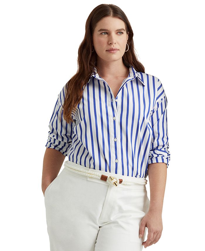 Lauren Ralph Lauren Plus-Size Striped Cotton Broadcloth Shirt - Macy's