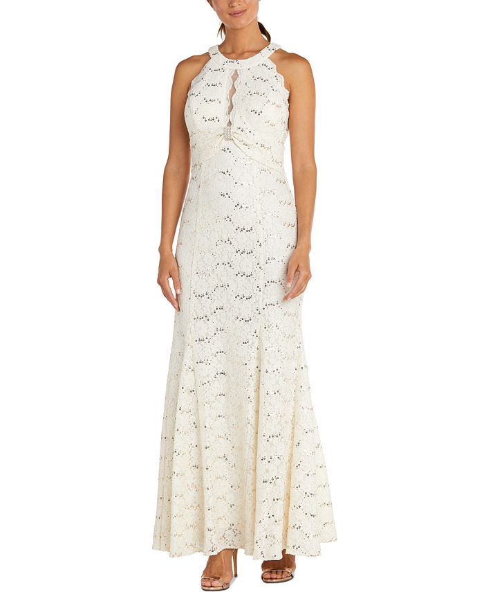Macys nightway lace halter gown sales