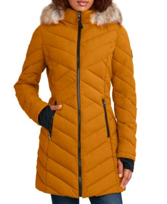 Faux-Fur-Trim Hooded Stretch Puffer Coat