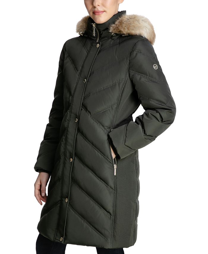 Michael Kors Women's Chevron Faux-Fur-Trim Hooded Down Puffer Coat ...