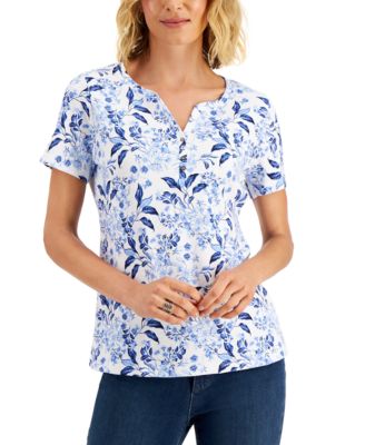 Karen Scott - Printed Split-Neck 3/4-Sleeve Top