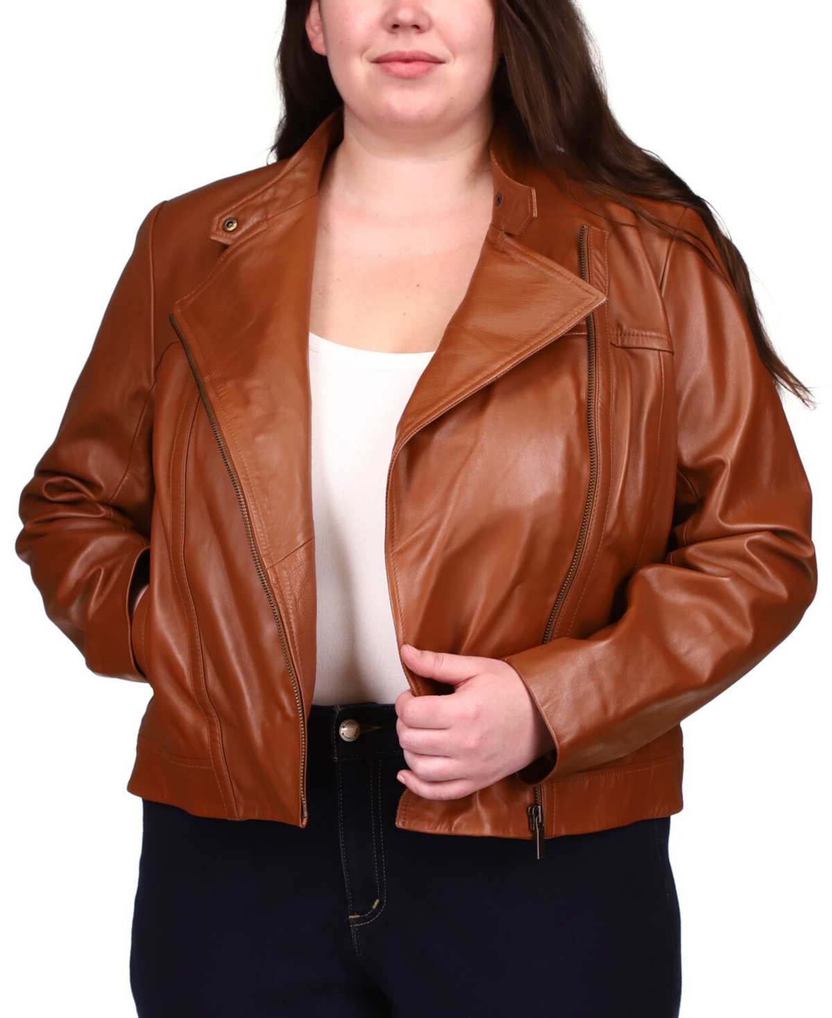 Michael Kors Michael  Plus Size Leather Moto Jacket In Luggage