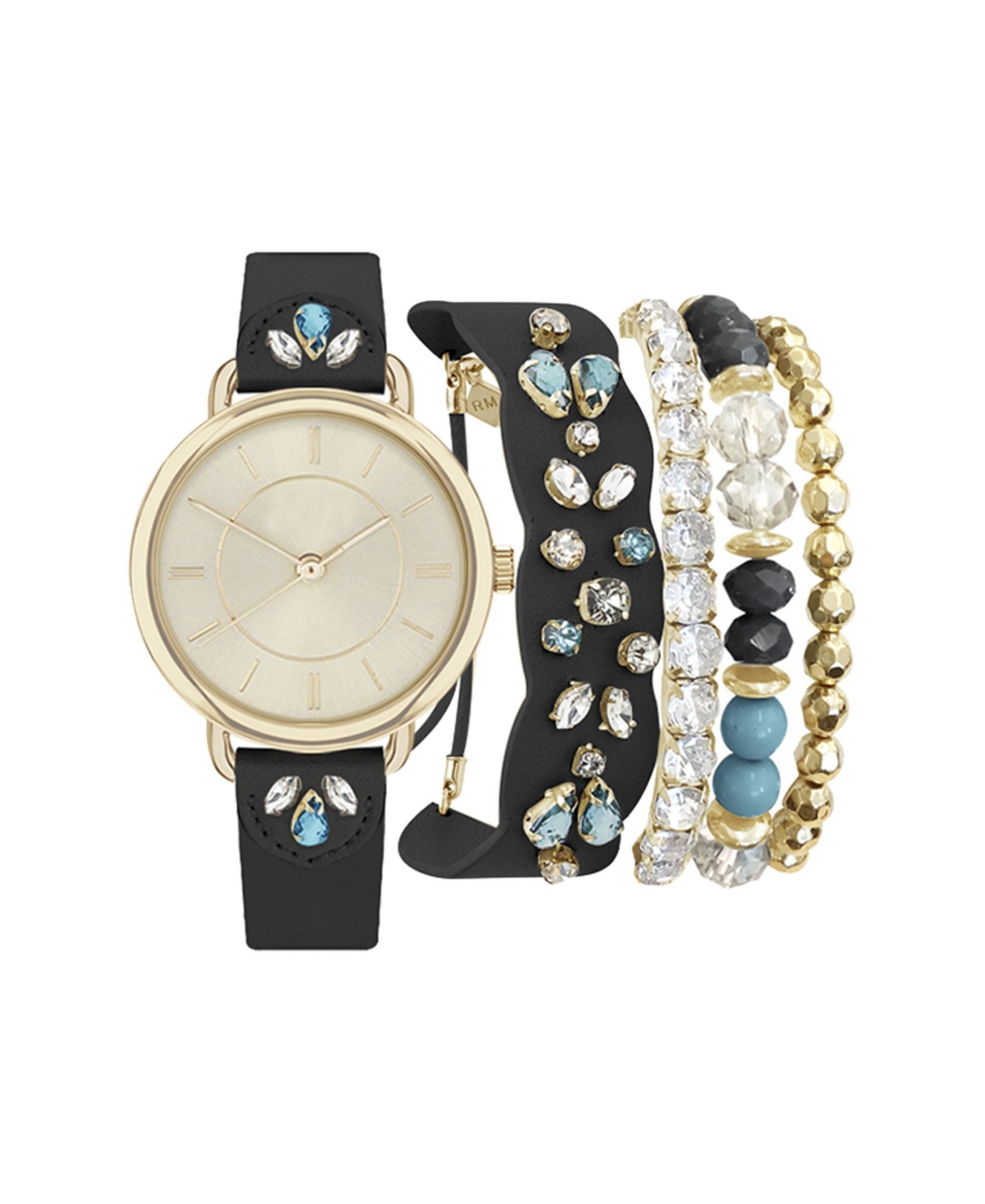 Women's Analog Black Jeweled Strap Watch 34mm with Matching Bracelets Set - Black