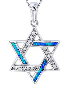 Lab-Created Blue Opal & Cubic Zirconia Star of David 18" Pendant Necklace in Sterling Silver