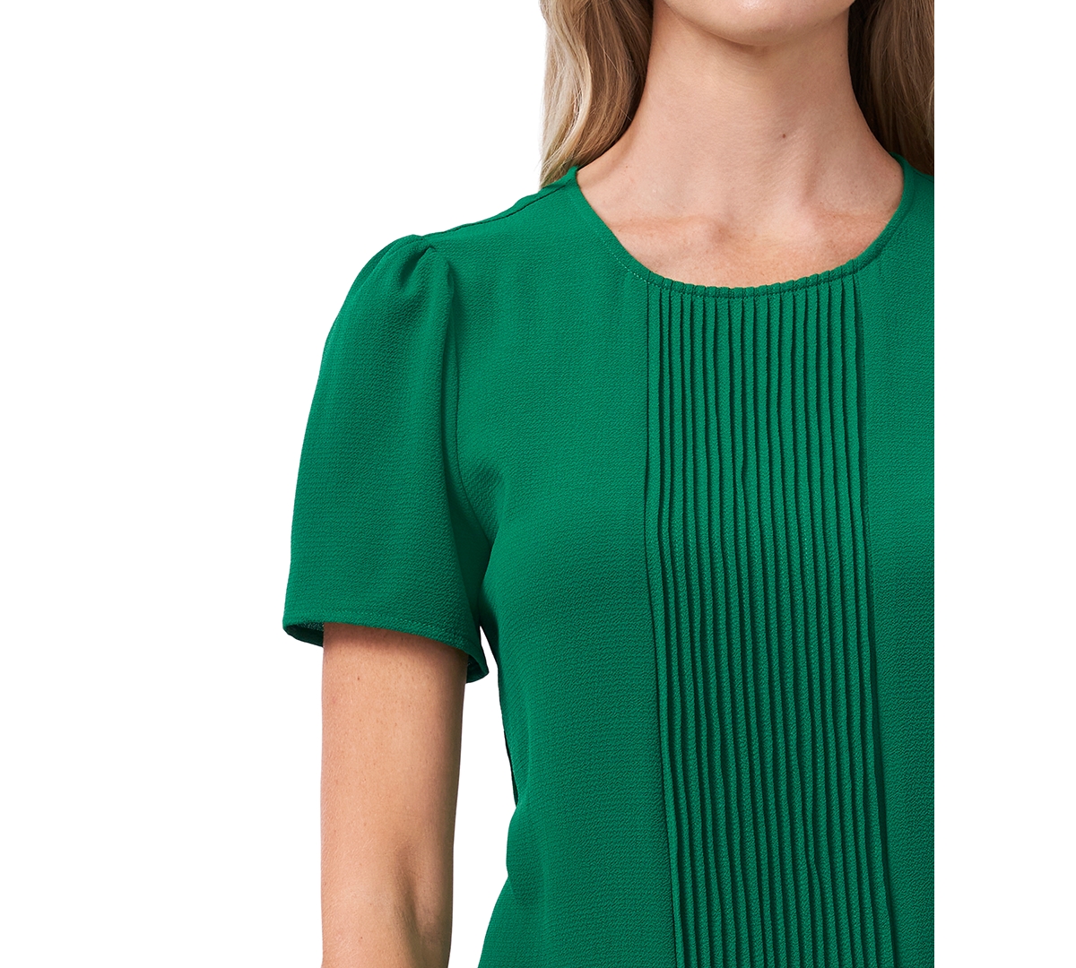 CeCe Women's Pintucked Front Short Sleeve Crew Neck Blouse