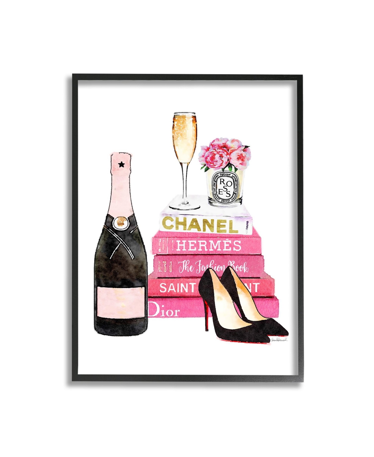 Stupell Industries Glam Pink Fashion Book Champagne Hells and Flowers Framed Giclee Art,