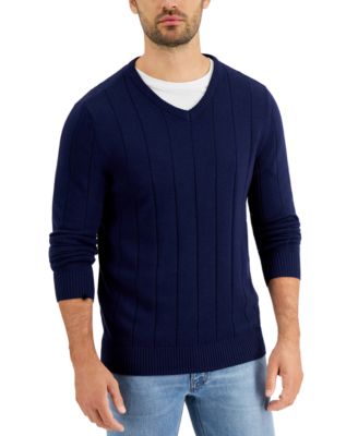 Men's Drop-Needle V-Neck Cotton Sweater