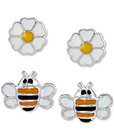 Children's 2-Pc. Set Enamel Flower & Bee Stud Earrings in Sterling Silver