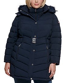 Plus Size Belted Faux-Fur-Trim Hooded Puffer Coat, Created for Macy's