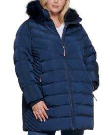 Plus Size Chevron Faux-Fur-Trim Hooded Puffer Coat